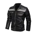 Stilvolle Herren-Motorradjacke aus schwarzem Kunstleder mit weißen Rennstreifen - L / Oberteil (6697) / Schwarz
