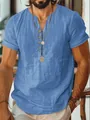 Men's lightweight blue linen-textured V-neck short sleeve shirt with button detail. - Dodge Blue / XS