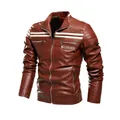 Braune Herren-Motorradlederjacke mit weißen Streifen und warmem Fleece-Futter - L / Oberteil (6697) / Weinrot