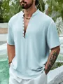 Chemise Henley en coton et lin bleu clair pour homme avec col en V boutonné - XS / Hauts / Bleu ciel