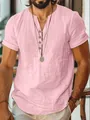 Men's pink short-sleeved henley shirt featuring breathable linen texture and V-neckline - Pink / XS