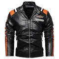 Giacca da moto da uomo slim fit in pelle PU nera con strisce arancioni e bianche - L / Tops / Nero