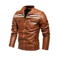 Herren braune Kunstleder-Motorradjacke mit weißen Rennstreifen und Stehkragen - L / Oberteil (6697) / Erdgelb