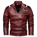 Giacca da moto slim in pelle sintetica bordeaux con fodera in pile per uomo. - L / Tops / Bordeaux