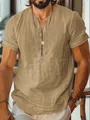 Breathable khaki men's short-sleeve summer shirt with casual V-neck button design - Khaki / XS
