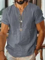 Men's casual breathable blue-gray linen-like short sleeve shirt with V-neck and buttons - Gray / XS