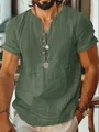 Men's lightweight olive green short-sleeve Henley shirt with V-neck button detail - Army Green / XS