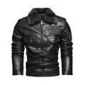 Giacca da moto in ecopelle nera da uomo con colletto in pelliccia marrone rimovibile - L / Tops / Nero