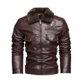 Giacca da moto elegante in ecopelle marrone da uomo con caldo collo in pelliccia e ricamo - L / Tops / Borgogna