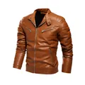 Stilvolle braune Herren PU-Leder Bikerjacke mit Rippendetails an den Ärmeln für den Herbst - L / Tops / Erdgelb