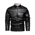 Giacca da motociclista da uomo in pelle nera con fodera in pile calda e collo alto - L / Tops / Nero