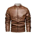 Giacca da uomo in pelle marrone slim-fit stile biker con fodera in pile e collo alto - L / Tops / Cachi scuro