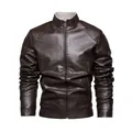 Giacca da uomo slim fit in pelle marrone stile motociclista con fodera in pile calda - L / Tops / caffè