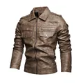 Giacca da moto vintage in pelle sintetica marrone da uomo con colletto a rever e taschini - L / Tops / Cachi