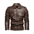 Giacca da moto in ecopelle marrone da uomo con colletto a rever e tasche con zip - L / Tops / caffè