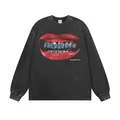 Amerikanisches Streetstyle Longshirt in Vintage-Waschung mit auffälligem Lippen-Grafikprint. - M / Top (Langarm) / Gewaschenes Schwarz