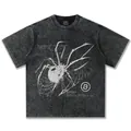 Schweres Acid Wash Y2K Streetwear T-Shirt mit detailliertem weißen Spinne-Grafikdruck - S / Tops / Gewaschenes Schwarz