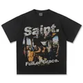 Vintage ξεπλυμένο μαύρο βαρύ T-shirt με θρησκευτική τοιχογραφία και κείμενο Saint - S / Tops / Μαύρο