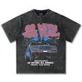 Schweres gewaschenes graues T-Shirt mit Oldtimer-Grafik und rosa Aufdruck - S / Tops / Gewaschenes Schwarz