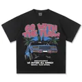 Schweres schwarzes T-Shirt mit amerikanischer Oldtimer-Illustration und rosa Schrift - S / Tops / Schwarz