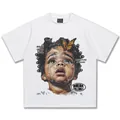 Weißes Vintage-Baumwoll-T-Shirt mit kunstvollem Ölgemälde-Kinderporträt-Druck - S / Tops / Weiß