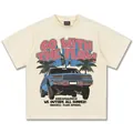 Schweres cremefarbenes Sommer-T-Shirt mit amerikanischer Oldtimer-Grafikillustration - S / Tops / Creme