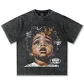 Vintage gewaschenes anthrazitfarbenes Baumwoll-T-Shirt mit Ölgemälde-Porträtdruck - S / Tops / Gewaschenes Schwarz