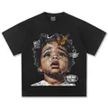 Retro American Heavy Cotton T-Shirt mit Ölgemälde-Porträtdruck in Schwarz - S / Tops / Schwarz