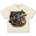 Oversized Baumwoll-T-Shirt in Beige mit coolem Vintage-Skelett-Baseball-Grafikdruck - S / Tops / Creme