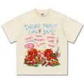 Schweres cremefarbenes Baumwoll-T-Shirt mit rotem Teufels-Graffiti-Illustration - S / Tops / Creme