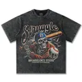 Übergroßes T-Shirt aus gewaschener Baumwolle mit Vintage-Skelett-Baseball-Grafikdruck - S / Tops / Gewaschenes Schwarz