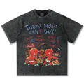 Schweres gewaschenes schwarzes T-Shirt mit rotem Teufels-Graffiti und urbanem Streetstyle-Print - S / Tops / Gewaschenes Schwarz