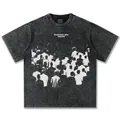 T-shirt pesante stile street americano lavaggio acido con stampa grafica astratta di folla - S / Tops / Nero Lavato