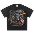 Amerikanisches Streetwear-T-Shirt aus Baumwolle mit Skelett-Baseball-Grafikdruck - S / Tops / Schwarz