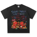 Schweres schwarzes Baumwoll-T-Shirt mit rotem Teufel-Graffiti und Geldbeutel-Print - S / Tops / Schwarz