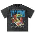 Graues Oversize-T-Shirt mit 'Vacation' Druck im amerikanischen Illustrationsstil - S / Tops / Gewaschenes Schwarz