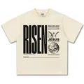 Schweres cremefarbenes Baumwoll-T-Shirt mit schwarzem Risen Jesus Streetwear-Druck - S / Tops / Creme