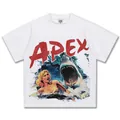 Schweres weißes Baumwoll-T-Shirt mit Vintage-Hai-Grafik und APEX-Aufdruck im Retro-Stil - S / Tops / Weiß
