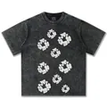 Vintage T-Shirt in Acid-Wash-Schwarz mit weißen floralen Kreisprints im Streetwear-Stil - S / Tops / Gewaschenes Schwarz