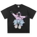 T-shirt in cotone pettinato nero pesante con grafica di un personaggio dei cartoni animati - S / Tops / Nero