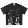 Schwarzes American Streetwear Baumwoll-T-Shirt mit handgemalten Comic-Charakteren. - S / Tops / Schwarz