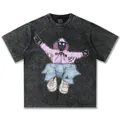 T-shirt vintage in cotone nero lavato 300G con grafica di personaggio anime rosa - S / Tops / Nero Lavato