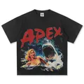 Retro-T-Shirt aus schwarzer schwerer Baumwolle mit Apex-Hai-Grafikdruck im Jaws-Stil. - S / Tops / Schwarz