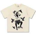 Vintage American Style T-Shirt aus schwerer Baumwolle mit Schwarz-Weiß-Jungen- und Taubendruck - S / Tops / Creme