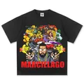 Schwarzes Heavyweight-Baumwoll-T-Shirt mit lebendigem amerikanischem Hip-Hop-Comic-Grafikdruck - Schwarz Kurzarm / S