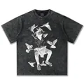 Vintage schwarzes Baumwoll-T-Shirt mit einem schwarz-weißen Jungen- und Taubendruck - S / Tops / Gewaschenes Schwarz