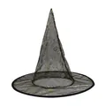 Elegant black mesh witch hat featuring golden pumpkin patterns for Halloween costume accessory. - One Size / Black Mesh Gold Pumpkin Style