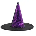 Primo piano di un cappello da strega con paillettes viola e un'ampia tesa nera. - Taglia unica / Stile Paillettes Reversibili Viola