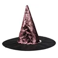 Close-up of a pink sequined Halloween witch hat featuring a black oxford cloth brim - One Size / Brown Sequin Style