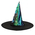 Detailed view of Halloween witch hat with sparkling flip sequins in green and blue. - One Size / Green Flip Sequin Style